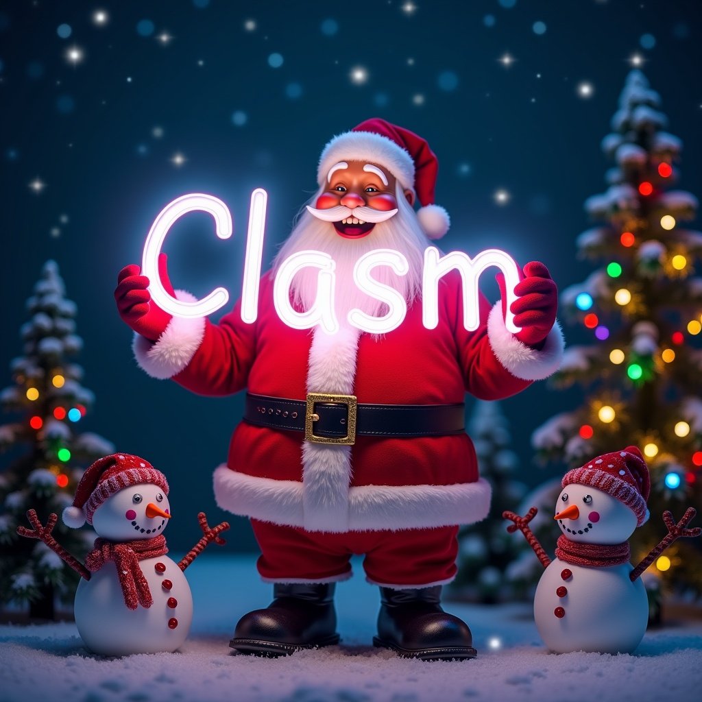 This image shows a cheerful Santa Claus happily holding a glowing sign that says 'Clasm'. He is wearing his classic red and white suit, and his joyful expression radiates holiday cheer. Beside him are two adorable snowmen, adding to the festive atmosphere. The background features a dark winter night sky dotted with twinkling stars, enhancing the magical feel of the scene. Colorful Christmas lights drape over the nearby evergreen trees, capturing the spirit of the season and evoking the tradition of giving personalized gifts.