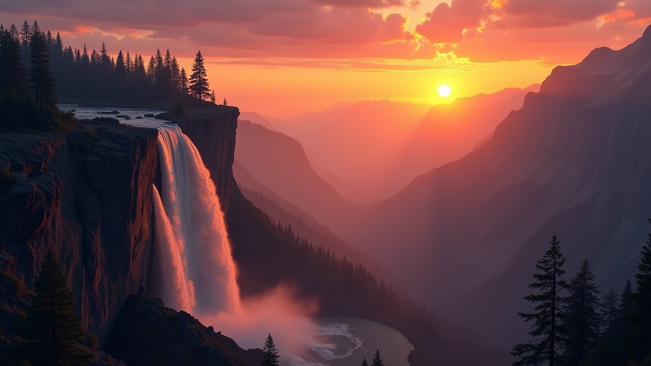 A majestic waterfall cascading down a cliff, set against a stunning sunset with mountains and a river in the background, creating a serene and picturesque scene.