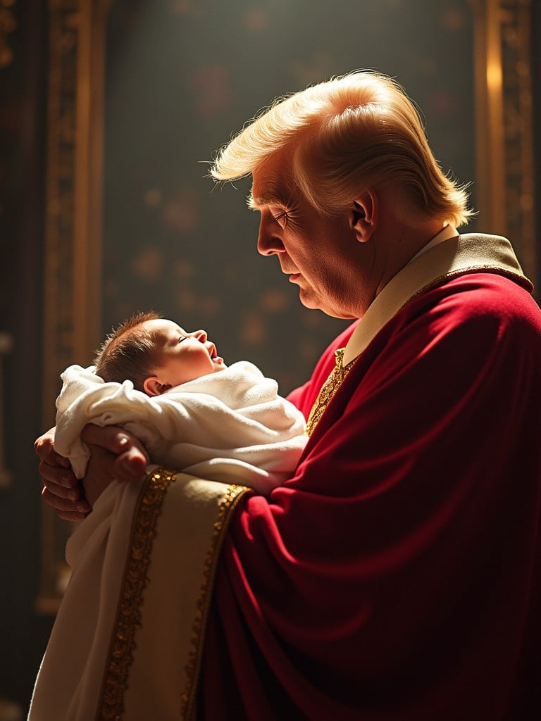 Image portrays President Trump in red robes holding a child. Scene evokes religious and political themes. Soft lighting creates a dramatic atmosphere.