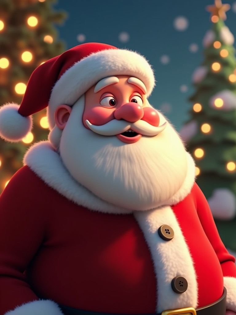 Animated GIF of Santa Claus with a playful kissing motion. Santa leans forward slightly, puckering lips exaggeratedly, blowing a comedic kiss. Rosy cheeks glow with holiday cheer. Background features twinkling Christmas lights, softly falling snowflakes, glowing Christmas tree. Classic red suit highlights Santa's charm. Smooth animation emphasizes kissing action for joyful effect.