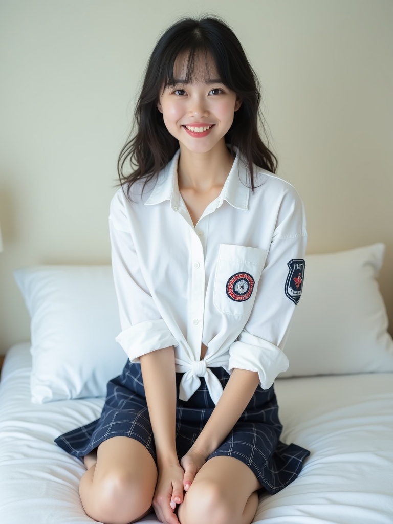 The image features a young woman sitting on a bed, exuding a sense of elegance and charm. She is wearing a white blouse with tied front and a plaid skirt, paired with subtle badges on her sleeve. Her gentle smile and composed posture create a warm and inviting atmosphere.