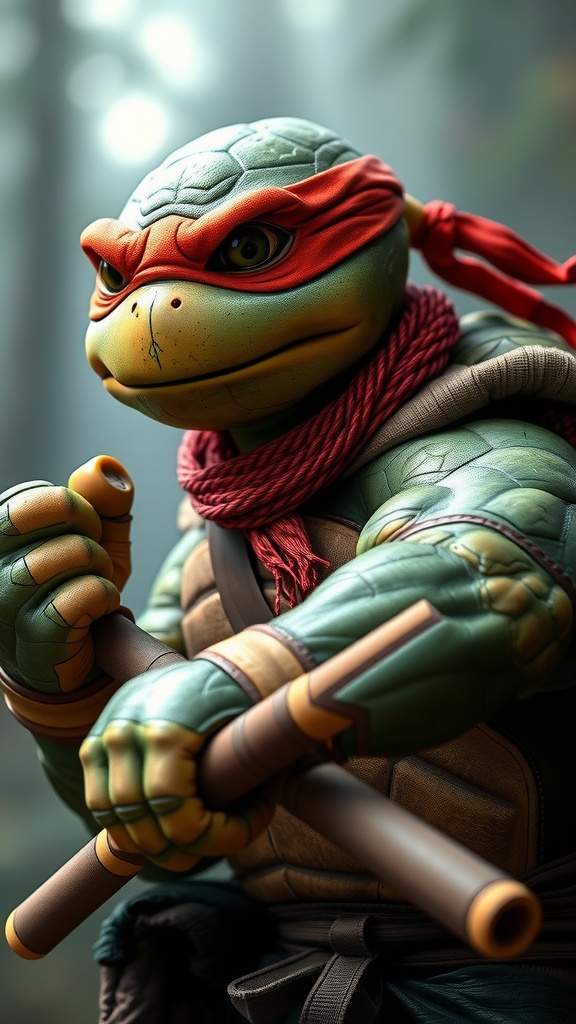 This image features a stylized anthropomorphic turtle warrior poised for action in a lush, misty forest setting. The turtle is depicted with a vibrant green shell and skin tones, wearing a red bandana and gripping two wooden staffs confidently. The background is softly blurred, focusing attention on the vivid details of the turtle's determined expression and intricate costume.