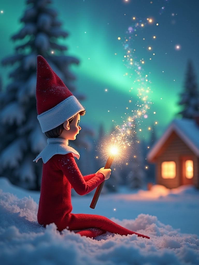 An elf on the shelf sits with its back to the viewer. The elf gazes skyward holding a glowing wand. The scene features colorful northern lights and a cozy house in the distance. Snow covers the ground. The elf embodies the magic and wonder of Christmas. The names Milan, Rodrigo, Angellee and Delilah appear in the air from the wand.