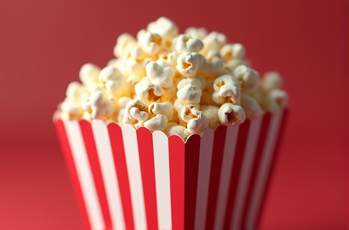 A striped container filled with fluffy popcorn against a red background.