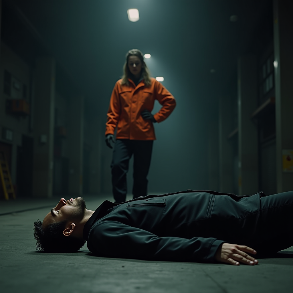 A dramatic scene with a person in an orange jacket standing over another lying on the floor in a dimly lit warehouse.