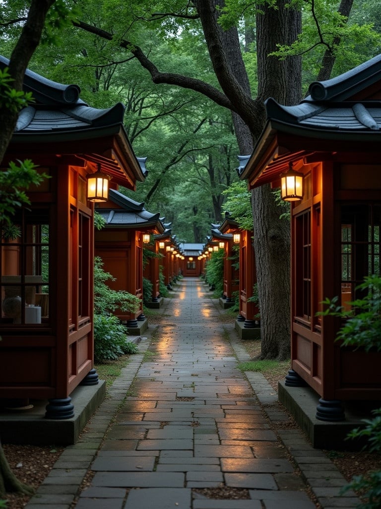 A tranquil path illuminated by lanterns. Traditional architecture lines the sides of the path. Trees provide a lush backdrop. Soft lighting enhances the atmosphere. A sense of peace surrounds the area.