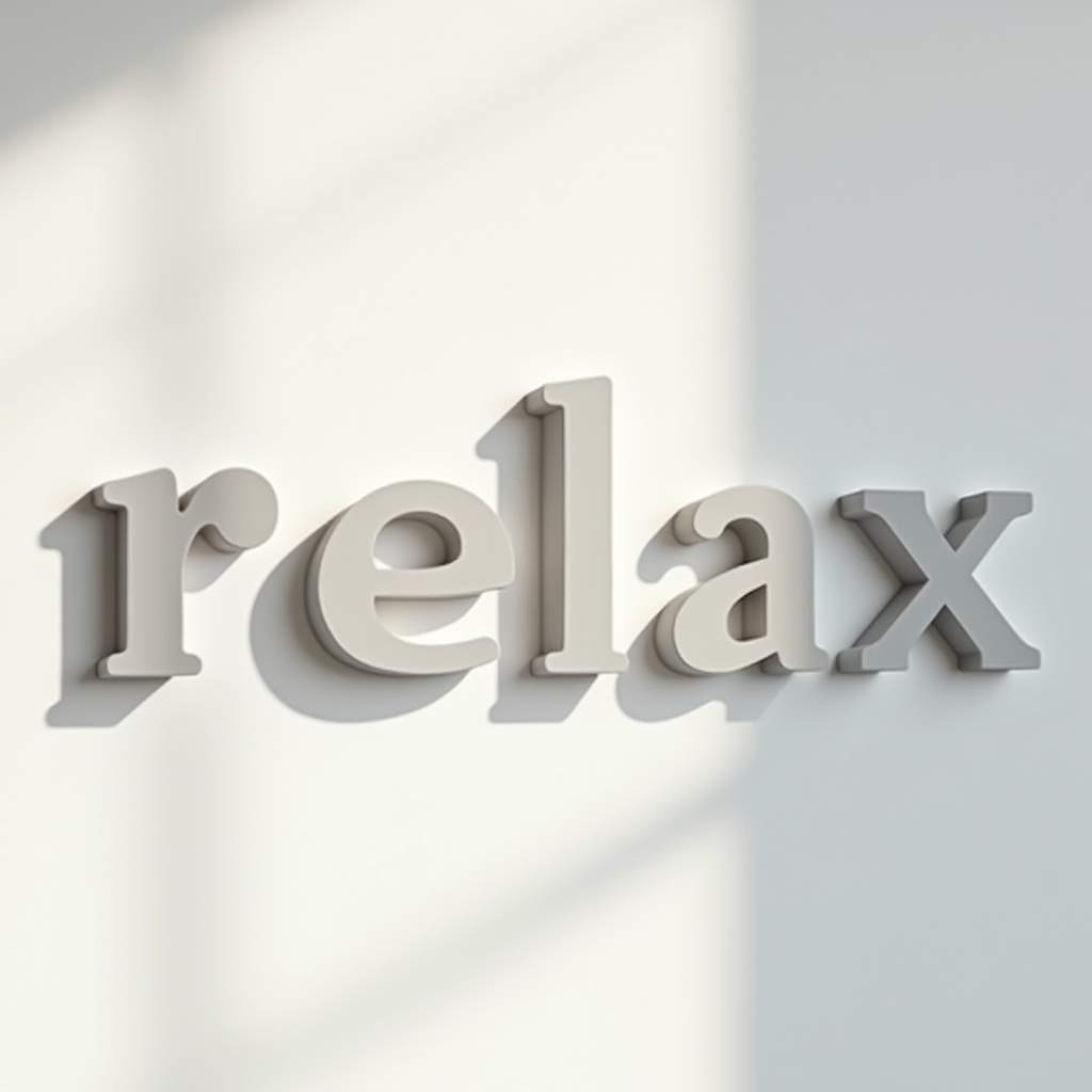 3D text casting soft shadows on a wall, spelling 'relax'.