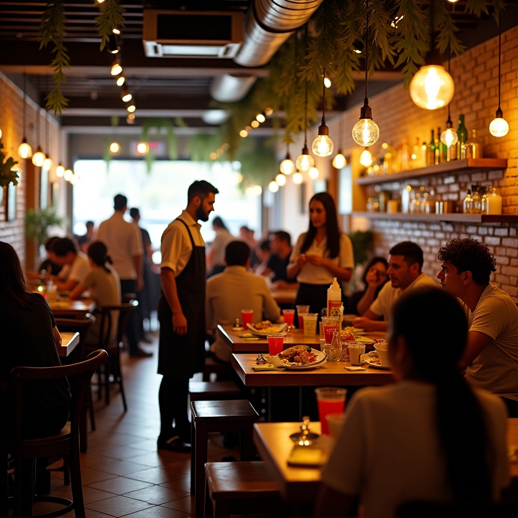 A bustling restaurant scene with patrons enjoying their meals. Warm lighting creates an inviting atmosphere. Tables are filled with dishes and drinks. Staff members serve the customers, enhancing the dining experience.