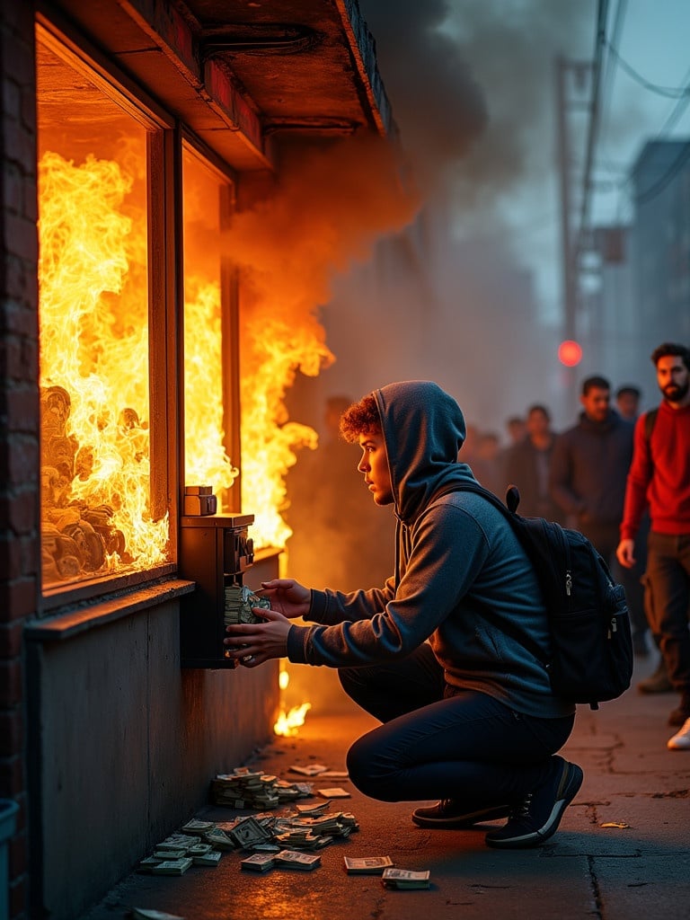 Young man kneels by a burning cash register. Flames engulf an electronics shop. Bystanders watch as firefighters arrive. He quickly grabs cash and stuffs it in his backpack. Sirens sound in the distance.