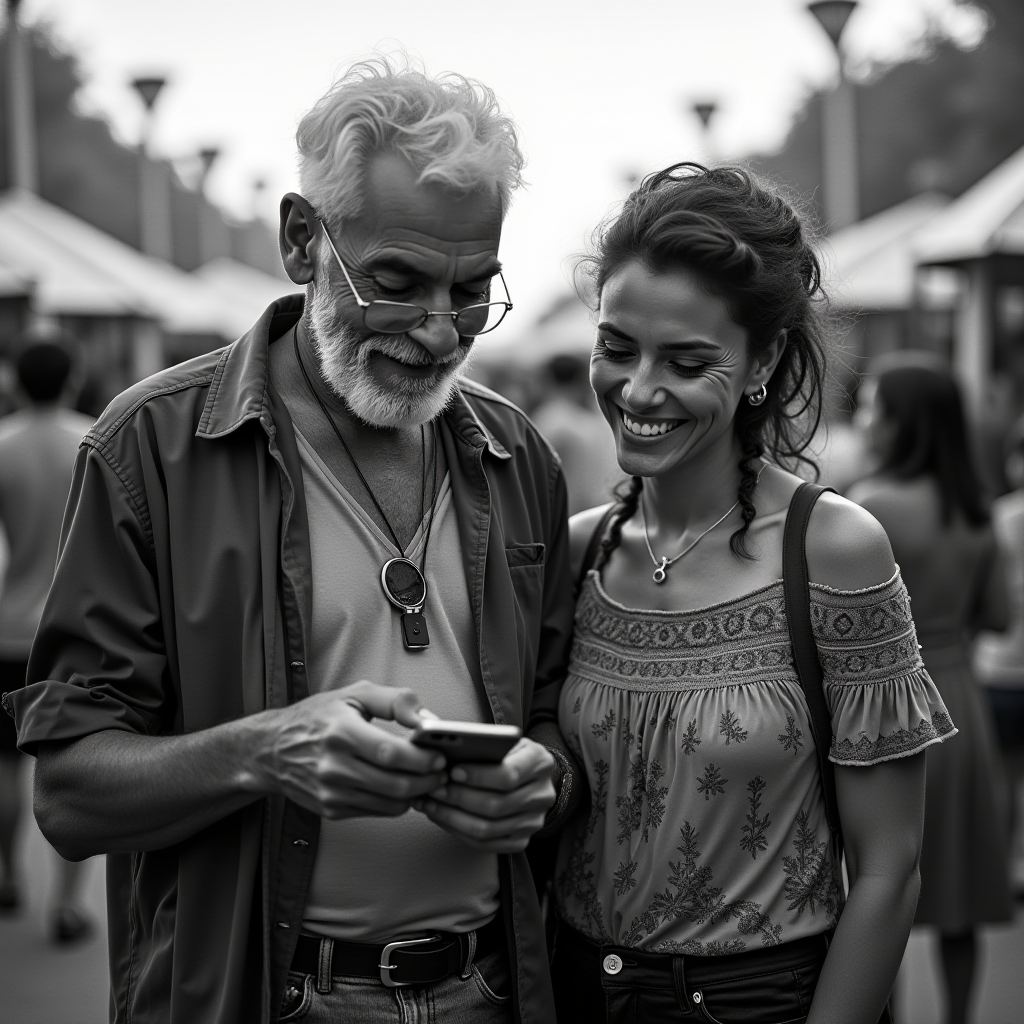 The image is a black-and-white photograph showing two people, likely an older man and a younger woman, sharing a moment together. The man has a white beard and is wearing glasses, a casual shirt and a necklace. He holds a smartphone, focusing on the screen, possibly sharing something amusing or interesting. The woman beside him has a bright smile, possibly in reaction to what she's seeing. She's wearing a patterned off-the-shoulder top and has her hair tied back. The background shows an outdoor market or festival setting, with blurred figures and canopies visible. The mood of the image is warm and joyful, capturing a moment of connection between the two individuals.