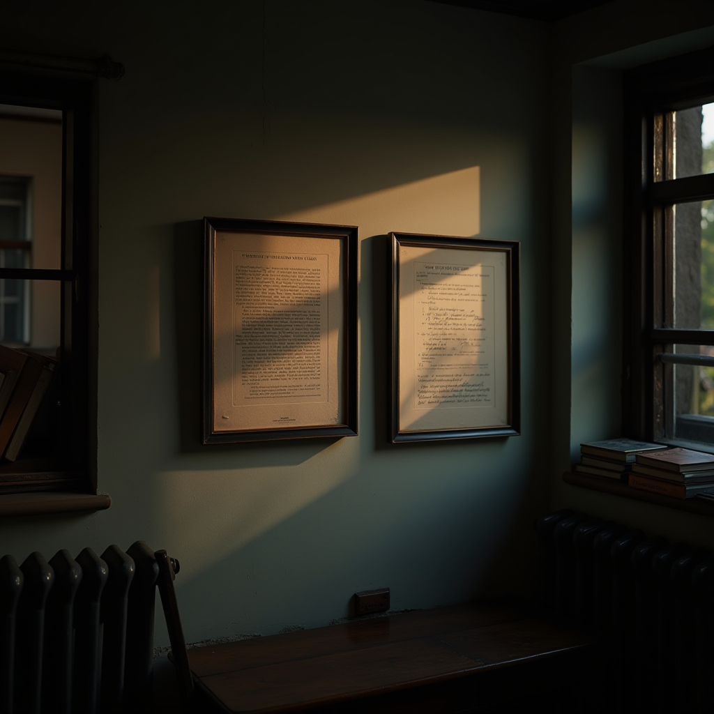 A warmly lit corner of a study with framed documents and books by a window at sunset.