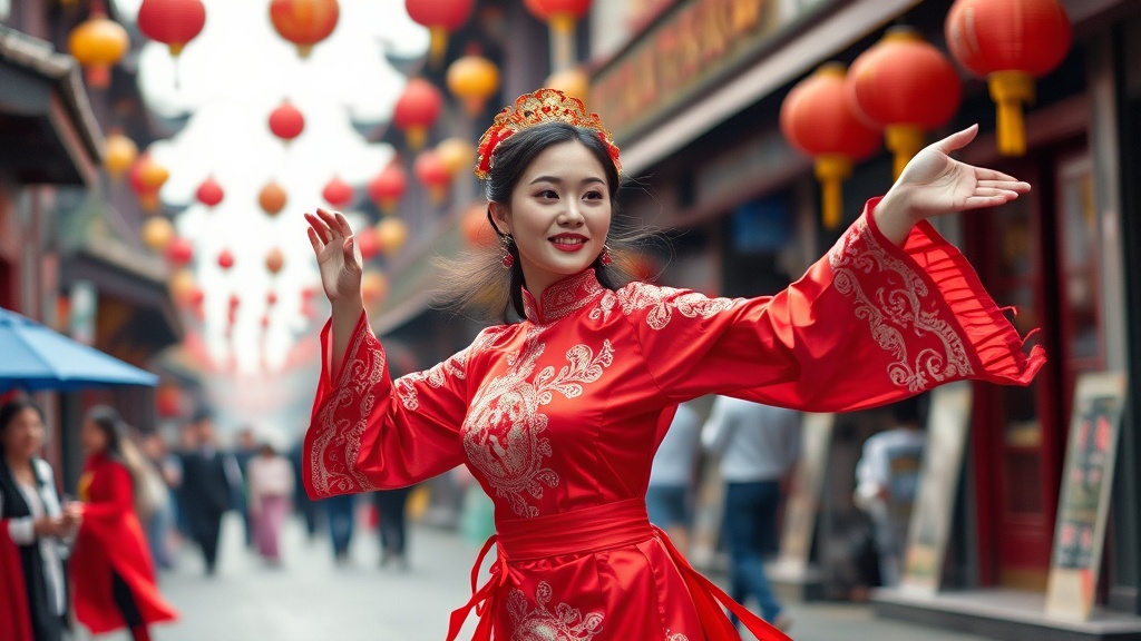 A woman in a traditional red dress dances joyfully in a vibrant street filled with red lanterns.