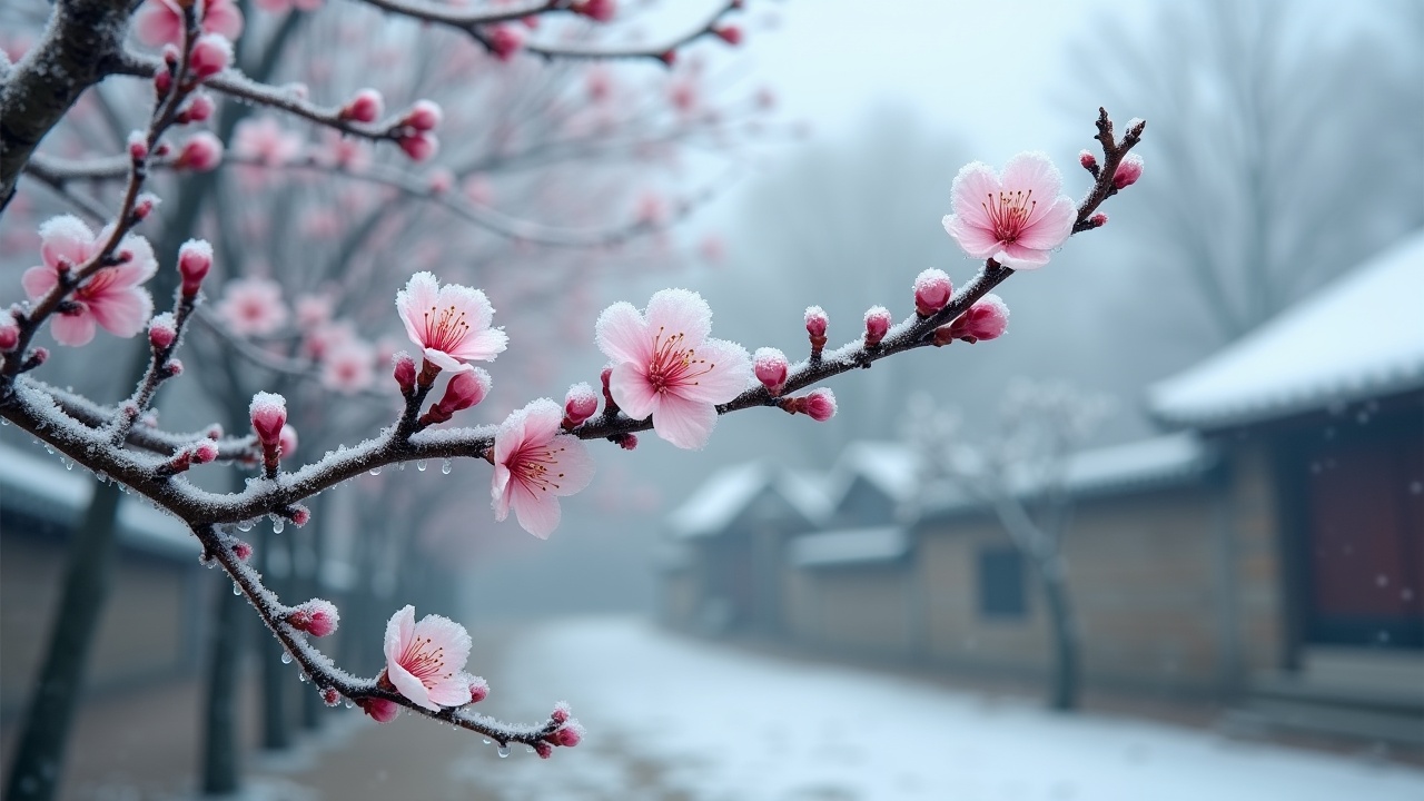 The image beautifully captures the cool beauty of plum blossoms blooming at the beginning of winter. It features several branches draped with delicate white petals and pale pink buds, adorned with tiny frost beads that glisten in the soft light. The background shows sparse dead branches and stone walls lightly dusted with frost, enhancing the winter ambiance. The bright colors of the blossoms stand out against the muted gray and white tones, symbolizing resilience and vitality. Overall, the picture radiates a serene and quiet winter vibe, showcasing the enchanting beauty of plum blossoms amidst the chill of early winter.