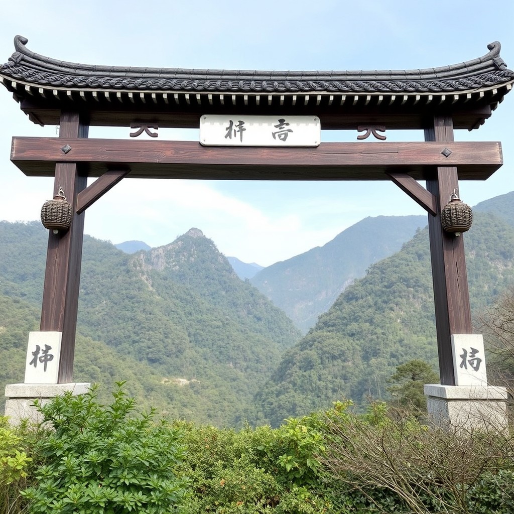 An ornate wooden gateway frames a lush mountainous landscape.