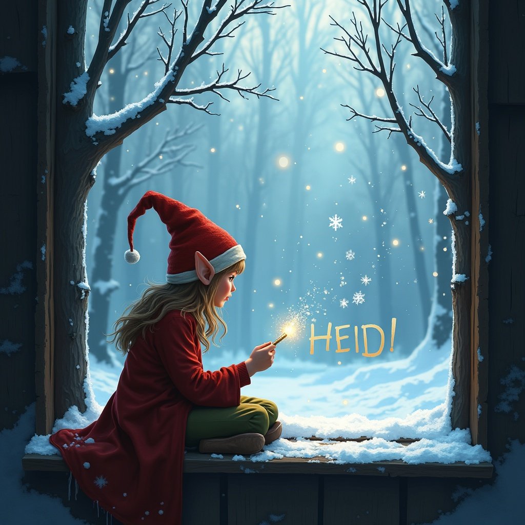 An elf is sitting at a window. The elf is looking at snow and trees. The elf is writing the name 'HEIDI' with a magic wand.