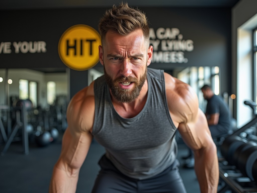 The image portrays a muscular man in a gym setting. He appears intensely focused while engaging in a workout. The background features gym equipment and motivational phrases on the wall. Bright overhead lights emphasize his sculpted physique. The atmosphere conveys determination and a commitment to fitness.