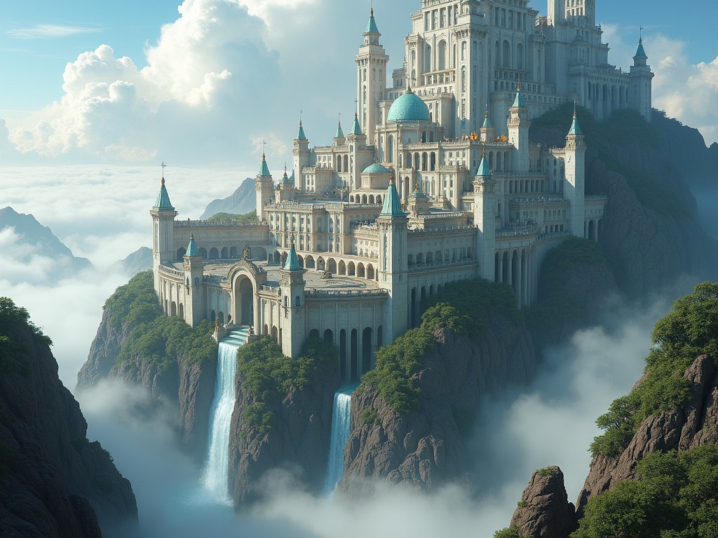 This image depicts a magnificent, otherworldly castle built on top of a volcanic mountain and surrounded by clouds. The castle is made of white stone, featuring domed glass roofs and intricate designs. The surrounding area includes a stunning city filled with libraries, art, and greenery. A starlight river flows through the castle, cascading into a waterfall. The entire scene evokes grandiosity and fantasy, inviting viewers to explore this enchanting domain.