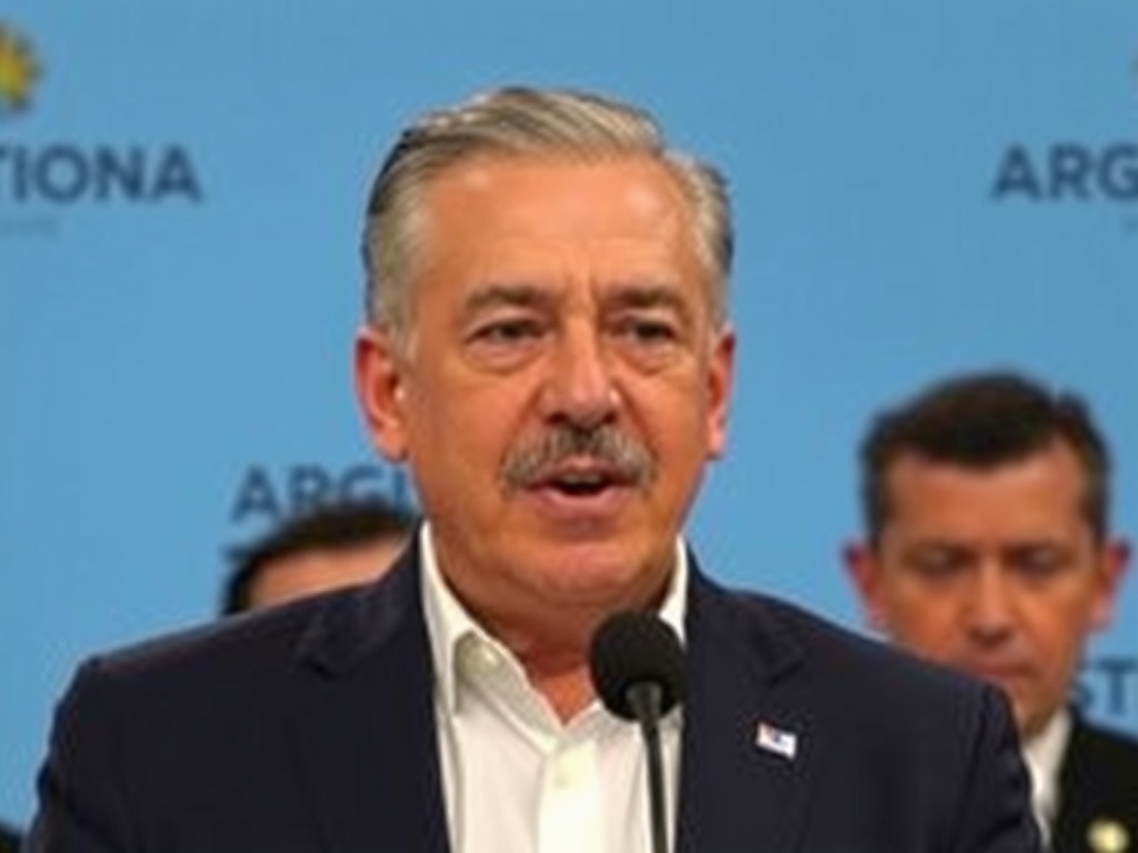 A man in a suit speaking at a press conference with a blue background featuring the word 'Argentina.'