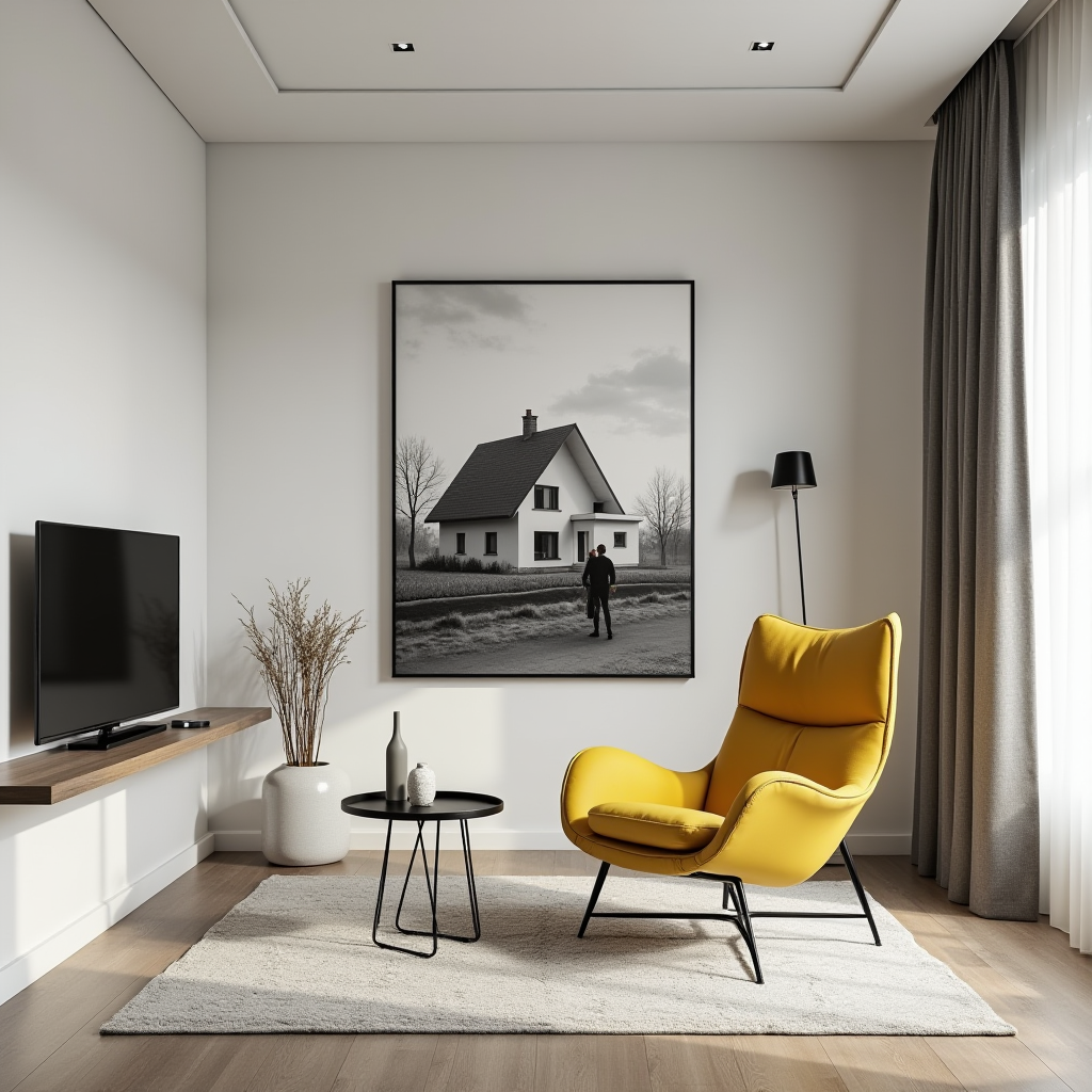 A contemporary living room features a vibrant yellow armchair and minimalist decor, highlighted by a striking monochrome photograph of a solitary house.