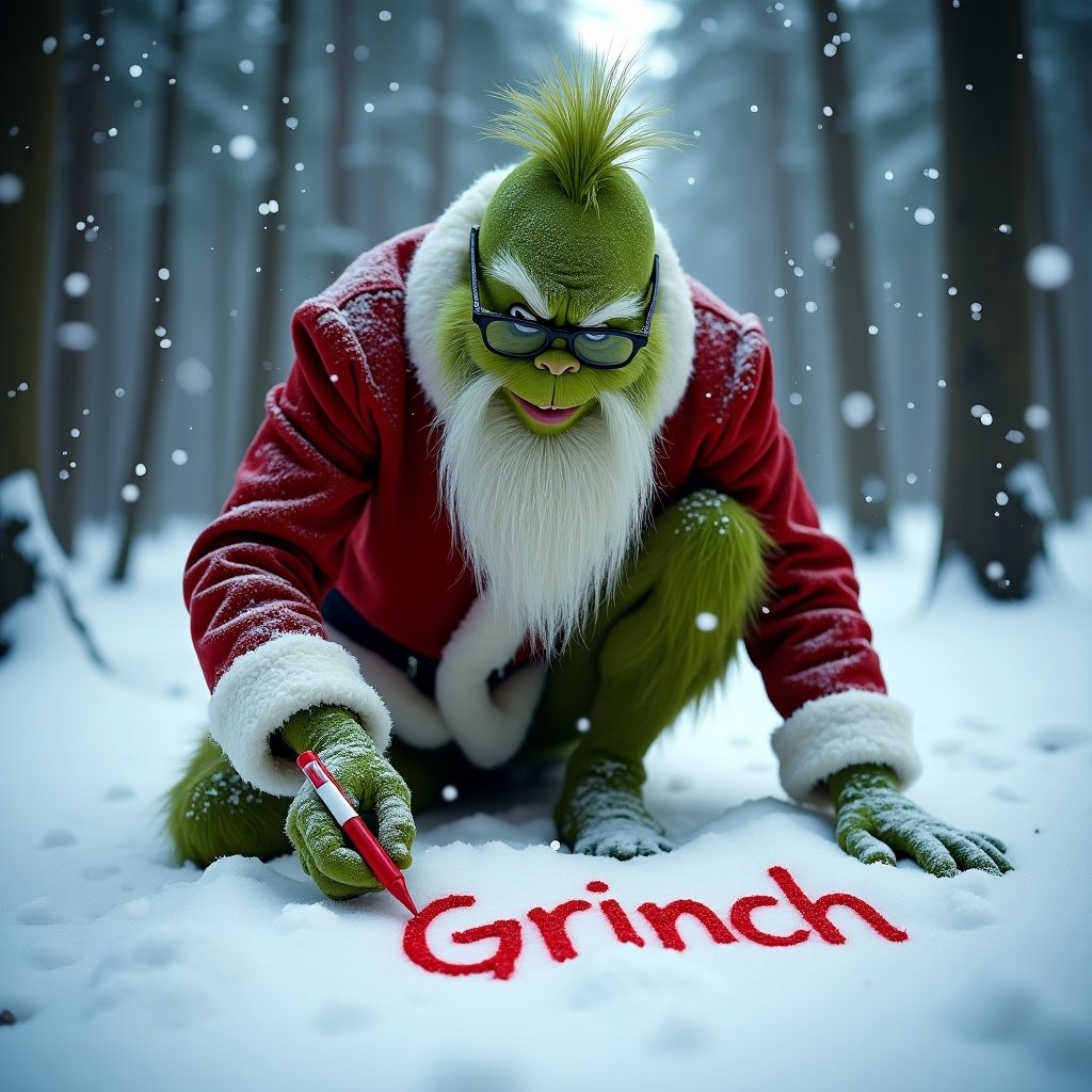 Grinch kneeling in a snowy forest. He writes his name in the snow with a red marker. Snowflakes fall gently creating a magical atmosphere. Scene captures Christmas essence with a personalized touch. Long white beard and glasses add classic appeal.