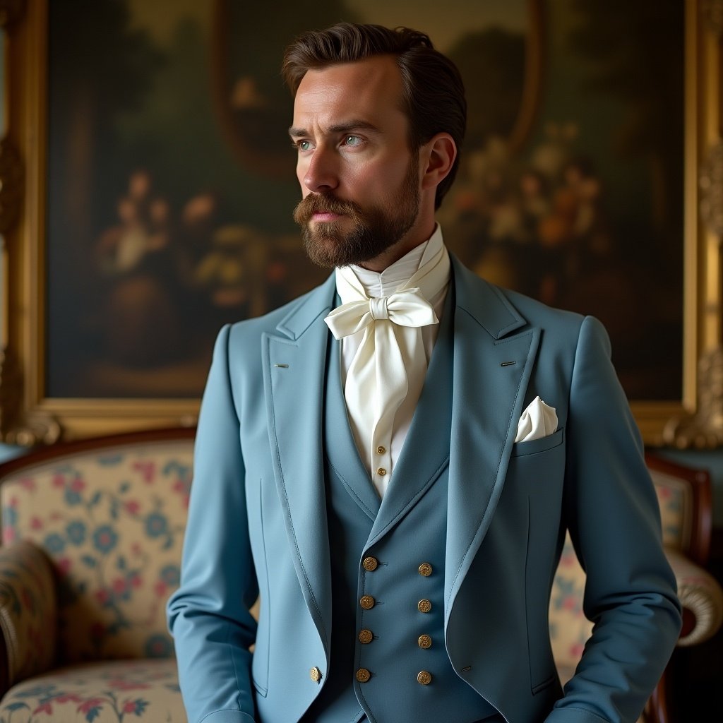 Image of a Victorian man dressed in a soft blue suit with elegant details typical of the 19th century. He stands in a well-lit room with classic furniture, including a decorated sofa in the background. The lighting is gentle, and his attire emphasizes luxurious fashion with a cravat around his neck. Scene reflects elegance and formality of Victorian life.