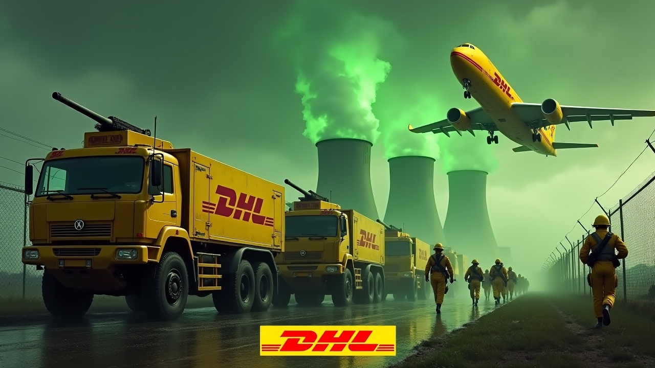 In a dramatic scene, several large yellow armoured trucks, equipped with large roof-mounted cannons, are driving beside a fence. The sides of the trucks clearly show the DHL logo. Nearby, several soldiers wearing yellow uniforms are marching together in unison, one holding a large flag with the DHL logo visible. In the background, smokestacks of a nuclear power plant glow ominously green. The sky overhead is awash with an evil green glow, and above, a large yellow DHL cargo plane flies, adding to the intensity. At the bottom, the DHL logo is displayed in bold, yellow text.