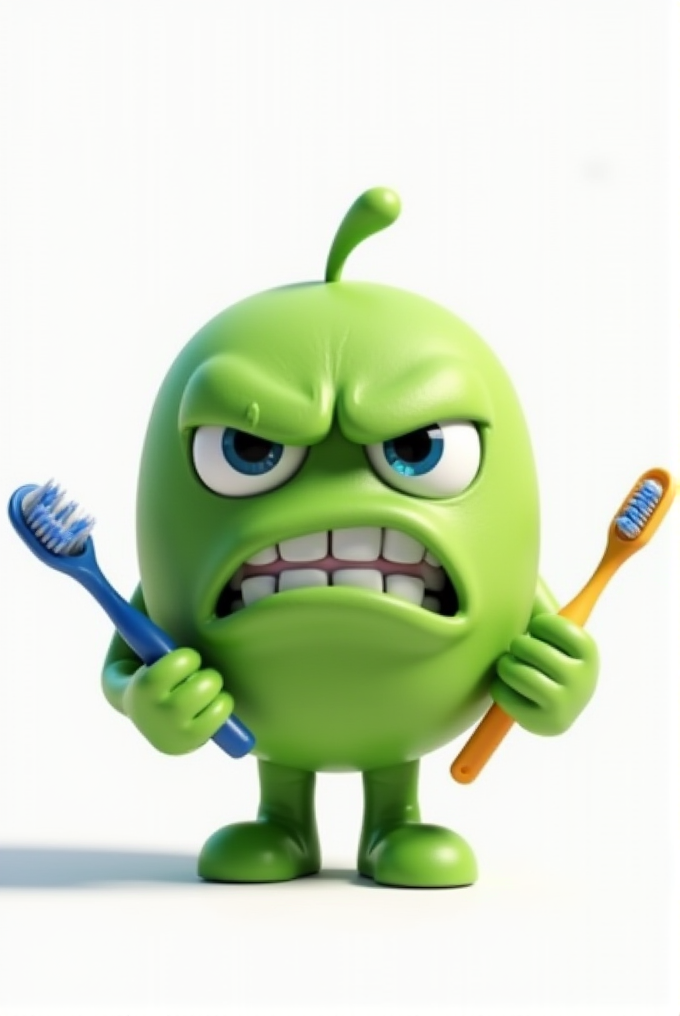 A cartoonish green germ holding two toothbrushes with a grumpy expression.