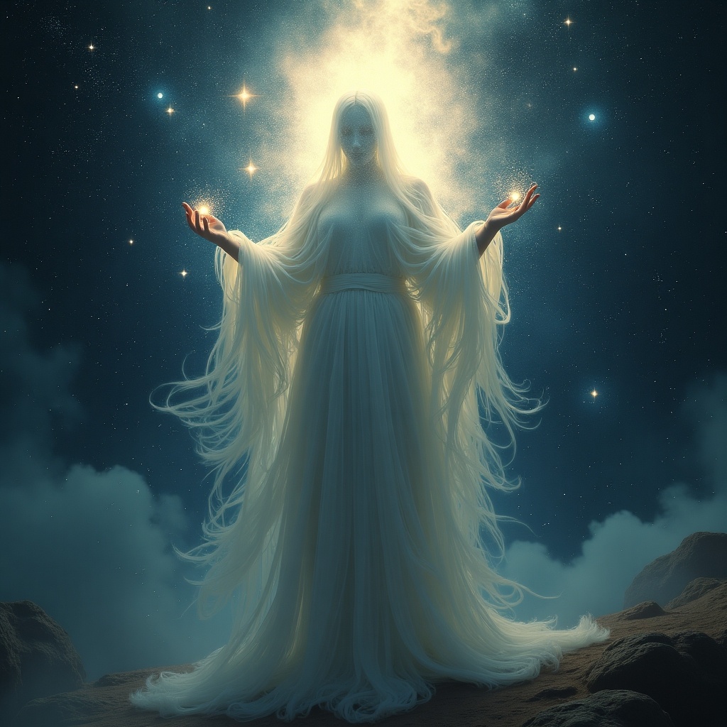 A nameless deity appears with outstretched arms, surrounded by glowing light in a celestial setting. The figure has long flowing garments and radiates tranquility.