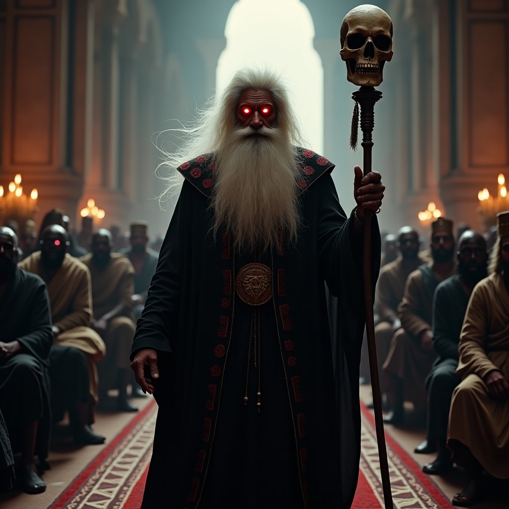 A sinister figure named Tantrik Kaljayi enters a grand royal court. The figure has glowing red eyes and long wild white hair. Dressed in a black robe embroidered with red mystical symbols. He holds a staff with a skull on top. The court is dimly lit, creating a foreboding atmosphere. King Veerendra watches with suspicion.