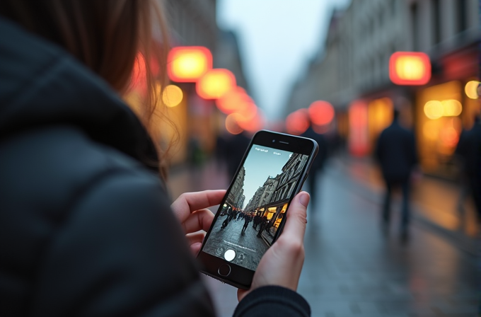 A person holds a phone taking a photo of a bustling street with bright lights.