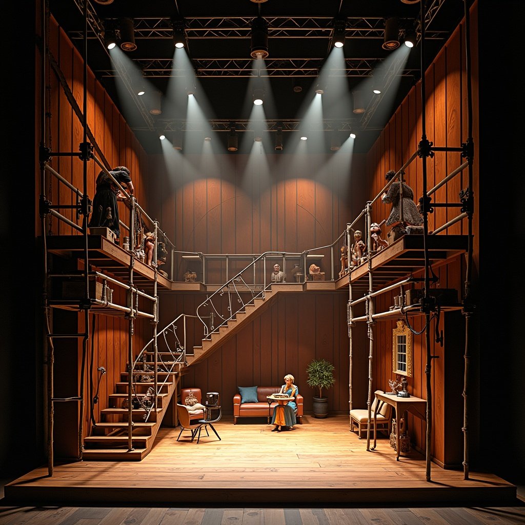 Set design for a stage featuring scaffolding and a steampunk style. Depicts a small stage environment with wooden walls and dramatic lighting. Includes multiple levels with a focus on a central seating area.