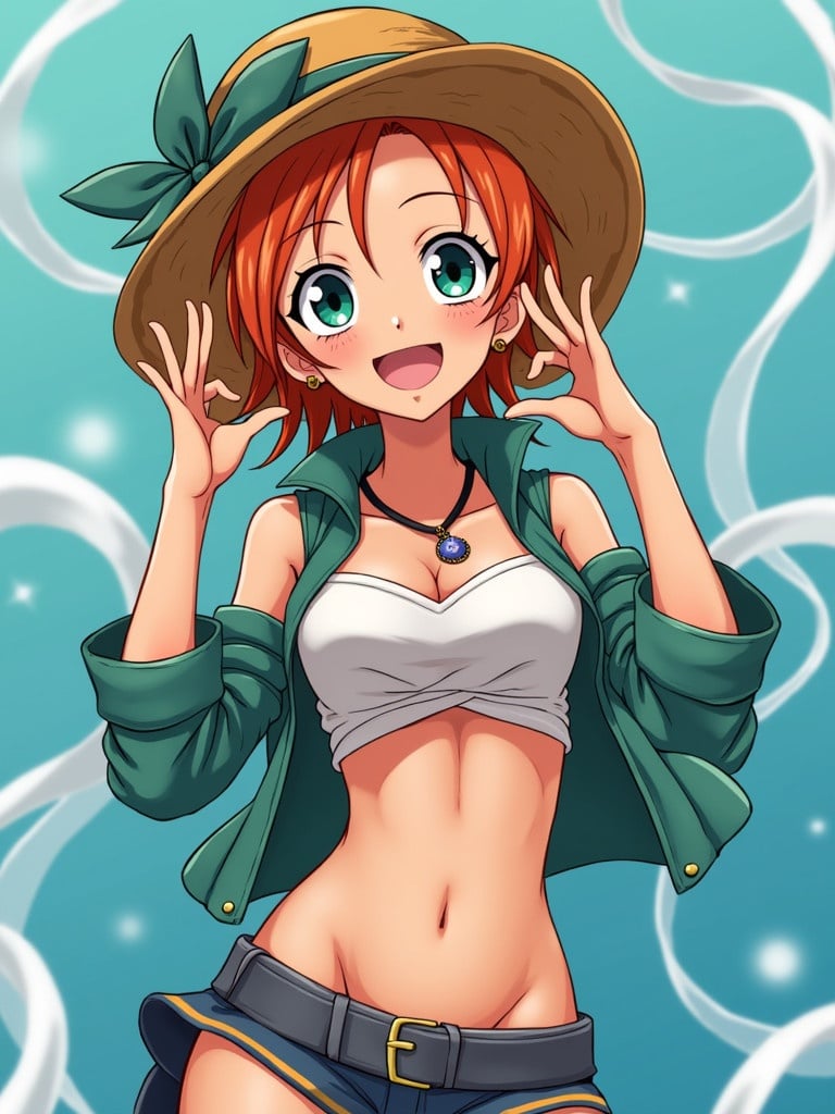 Anime character with a playful pose. Female character wearing a straw hat and a cropped top. Expressive gesture with hands beside face. Background features soft flowing patterns.