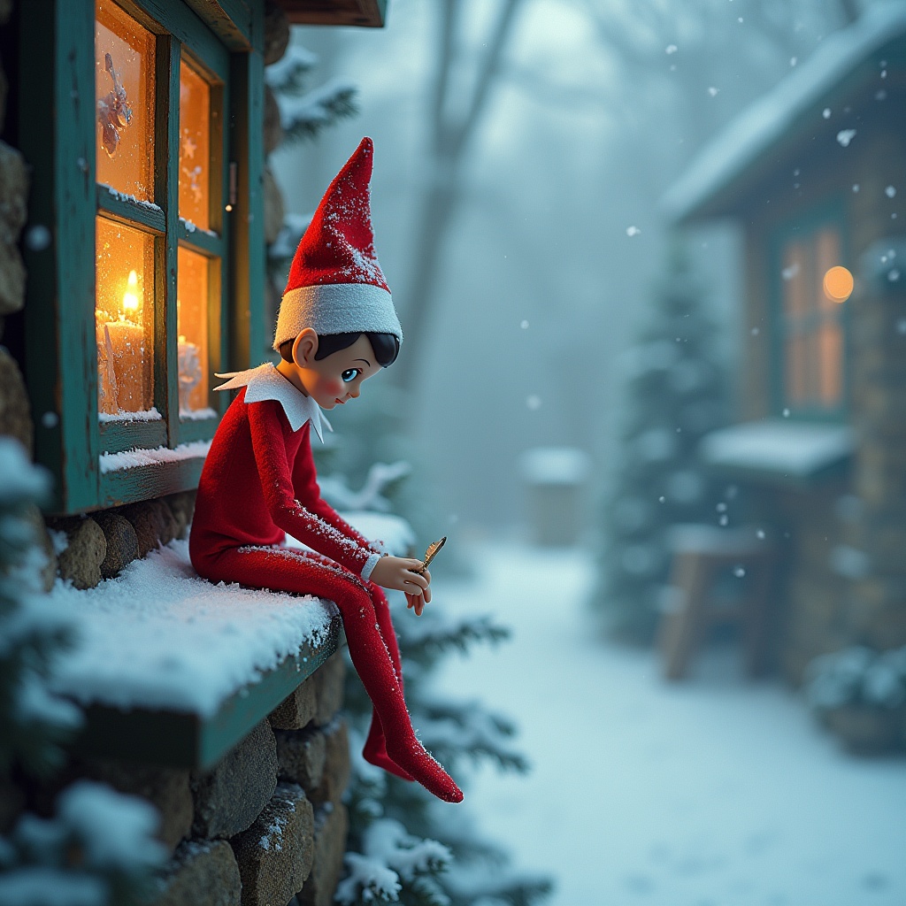 This enchanting scene features an elf on the shelf sitting on a snowy ledge, absorbed in writing the name 'Kayleigh' in the snow. The elf wears a classic red outfit with a snowy white collar and hat, exuding a sense of holiday cheer. Soft, warm light glows from the cozy cabin nearby, illuminating the surrounding snow-covered landscape. Fluffy snow blankets the ground and clings to the evergreen trees, enhancing the winter atmosphere. This charming image captures the spirit of Christmas and the wonder of the holiday season.