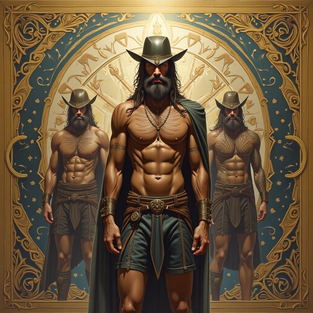 Image of muscular man wearing a cowboy hat and a cloak. Strong posture with three similar figures in background. Background has ornate design with golden elements.