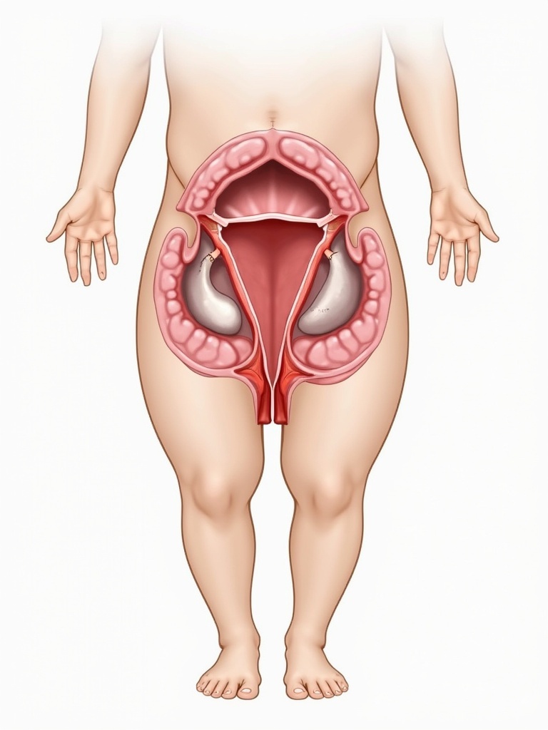 Illustration depicts the internal structure of a prepubescent male's reproductive system including penis testicles and prostate in anatomical detail without extraneous features.