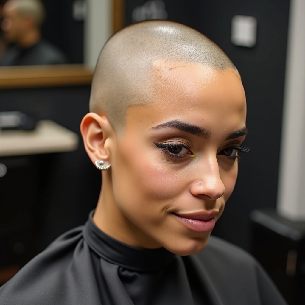 The image shows a person with a newly shaved head, featuring a smooth and shiny bald look. They are seated in a barbershop, showcasing their confident expression. The lighting highlights their facial features and the smoothness of their scalp. The setting is chic and modern, typical of contemporary barbershops. This moment captures the essence of a bold hair transformation, with a focus on personal style and self-expression.