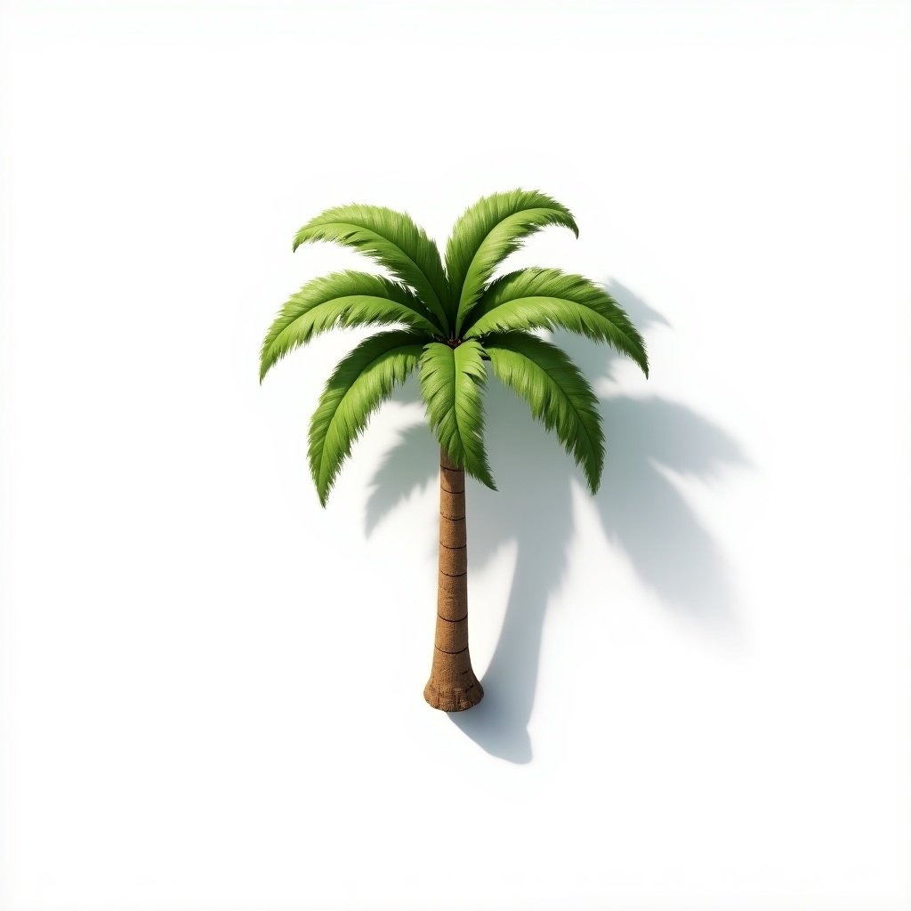 Top-down view of a palm tree on a white background. Palm tree has green leaves and brown trunk. Central positioning. Bright light above casting soft shadow outward from trunk.