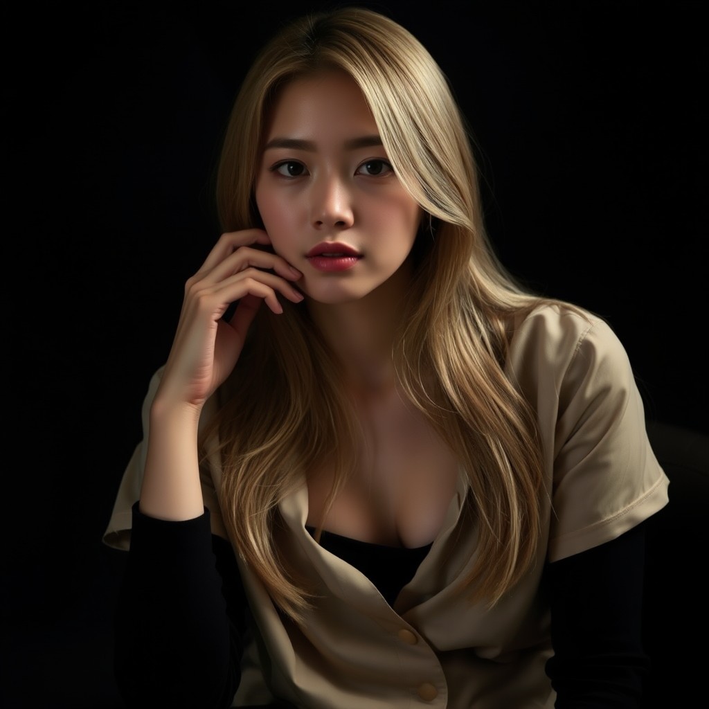 A portrait of a woman with long hair against a dark background, exuding elegance and mystery.