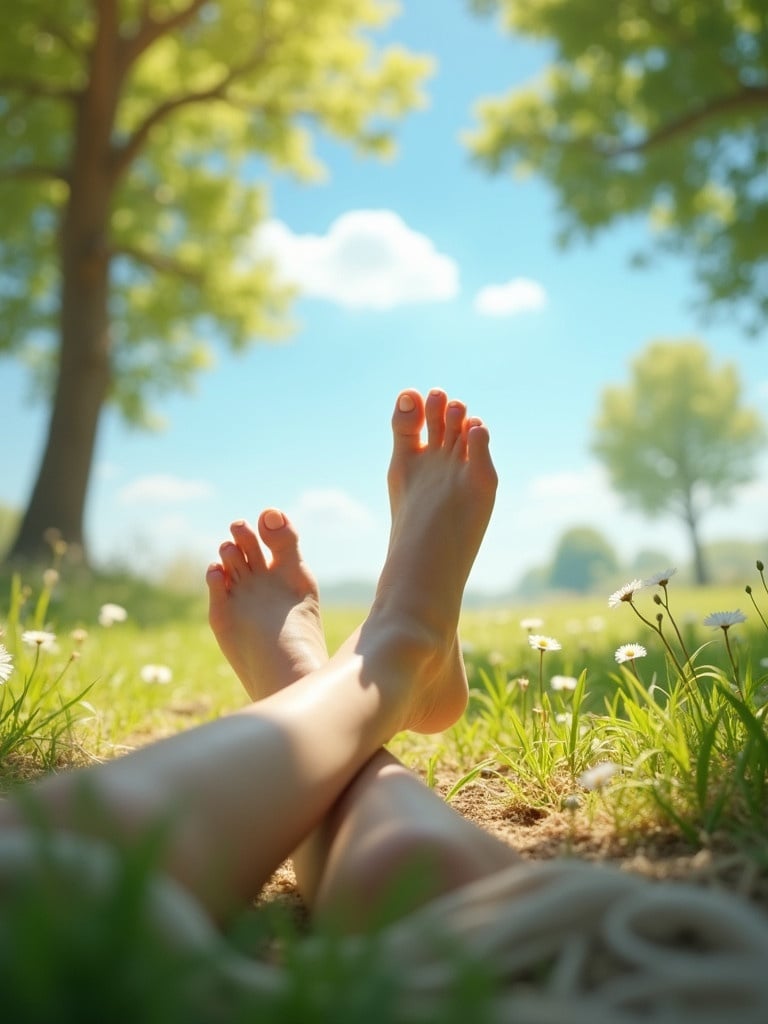 Image depicting bare female feet resting on the grass surrounded by flowers under a clear blue sky. Natural scenery includes trees in the background. The scene conveys a sense of relaxation and nature appreciation.