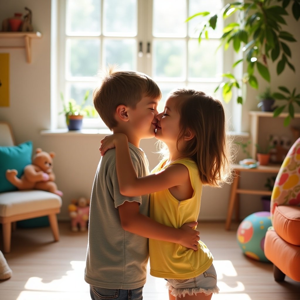 This image captures a heartfelt moment between a 12-year-old boy and a 13-year-old girl sharing a gentle kiss in a bright, playful environment. They stand close, radiating youthful affection and innocence. The background is decorated with soft colors and playful toys, creating a warm ambiance. Natural light streams through the windows, illuminating their joyful faces. This scene encapsulates the essence of childhood love and friendship, inviting viewers into a world filled with memories and laughter.