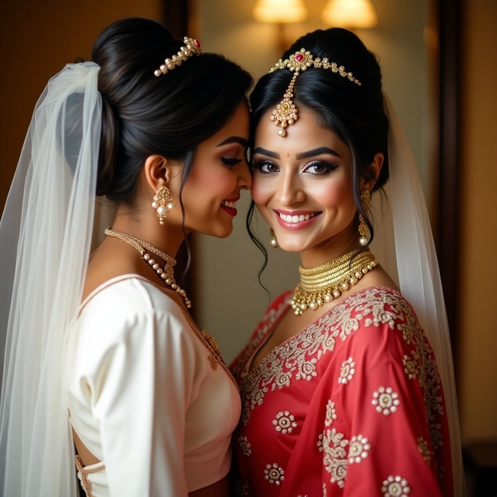 Two brides share an intimate moment in front of a mirror. They wear matching white dresses and tiaras. One bride is in a traditional red saree with gold jewelry. Warm lighting highlights their features.