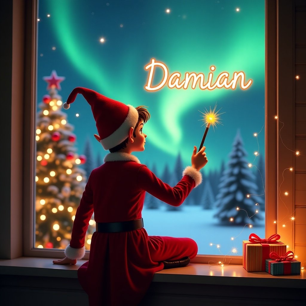 A male elf in a red outfit is sitting on a windowsill, gazing at a magical Christmas landscape. He is elegantly dressed, complete with a matching pointed hat. In his hand, he holds a wand as he writes the name 'Damian' in glowing letters in the air. The backdrop features enchanting northern lights and a beautifully adorned Christmas tree, surrounded by colorful gifts. The scene is softly illuminated with twinkling lights, creating a warm and inviting atmosphere.