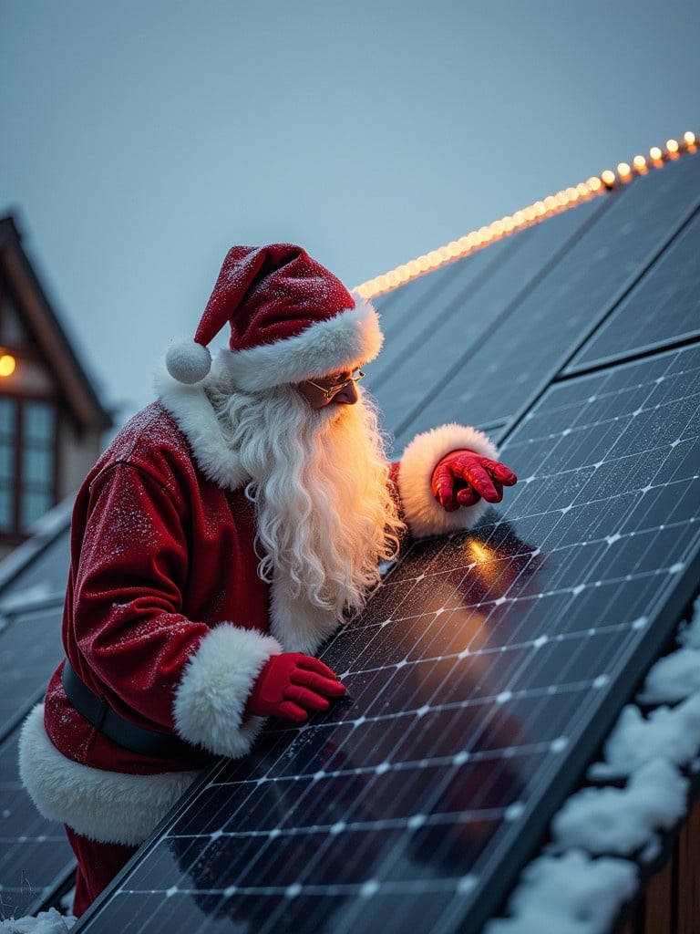 Santa Claus in a red suit inspects solar panels on the roof of a luxury home. Soft ambient lighting creates a cozy atmosphere. The scene captures a blend of festive cheer and eco-consciousness.