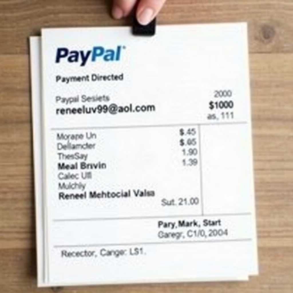 Image is a proof of payment document from PayPal. Payment to reneeluv99@aol.com. Receipt shows PayPal design with clear layout and bold text. Transaction completed for $1000.