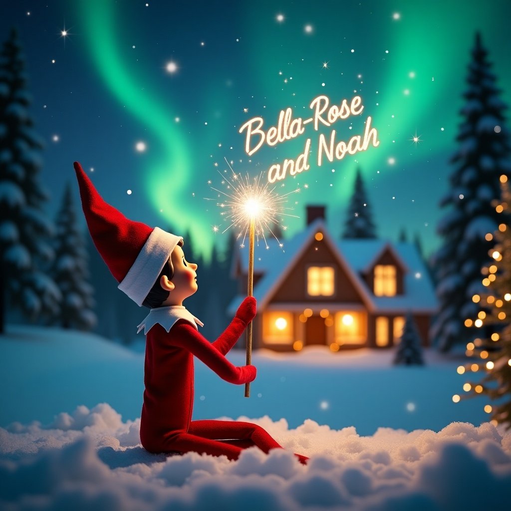 Elf on the shelf with a glowing wand in a snowy landscape. Holding a wand that emits sparkling light. Colorful northern lights in the sky. Cozy house with holiday decorations in the background. Names Bella-Rose and Noah in the air.