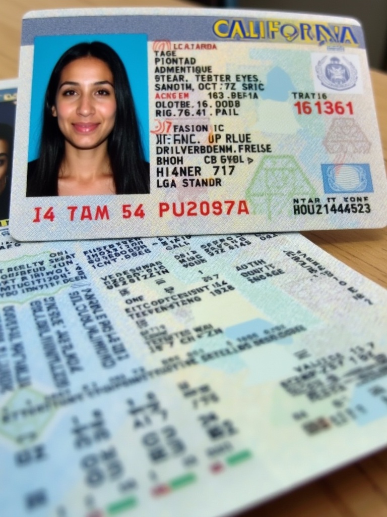 A close-up image of a California driver license. The license displays personal identification details including name, address, date of birth, gender, height, weight, and physical characteristics. It features a holographic image and intricate designs. The ID is valid until October 16, 2028, and issued on December 15, 2023. The layout follows the standard U.S. driver's license design.