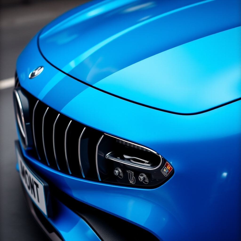 A close-up view of a sleek blue luxury car showcasing its glossy finish and detailed headlights.