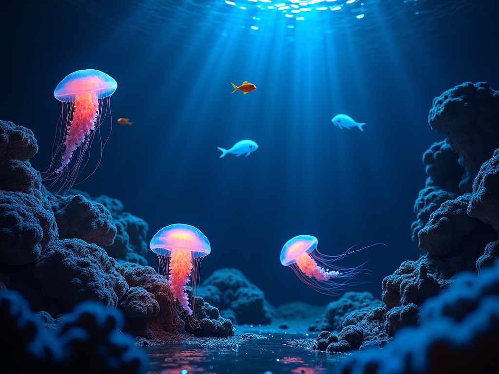 A serene underwater scene featuring glowing jellyfish and small fish in an ocean setting with soft lighting and vibrant colors.