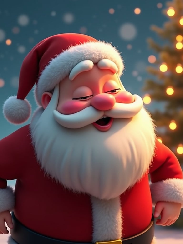 Santa Claus animated character wearing a red suit and a big white beard. He leans forward and puckers his lips. Background includes twinkling Christmas lights and a glowing Christmas tree. Emphasis on humor and holiday spirit. Animation showcases playful Christmas theme