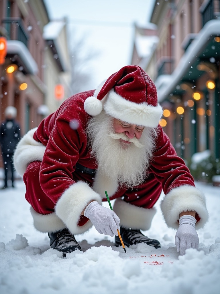 Santa Claus in traditional red and white clothing. He writes names in the snow. The street is covered in snow. Charming buildings create a festive atmosphere. Soft winter light enhances the cheerful scene.